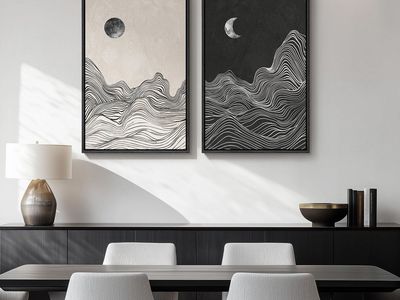 New Abstract Moon Mountain Landscape Wall Art Canvas Prints Set of 2, Framed Modern Minimalist Decor