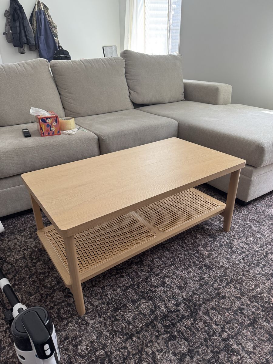 Stylish Light Wood Coffee Table with Woven Cane Shelf - Modern Living Room Furniture