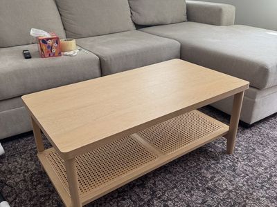 Stylish Light Wood Coffee Table with Woven Cane Shelf - Modern Living Room Furniture