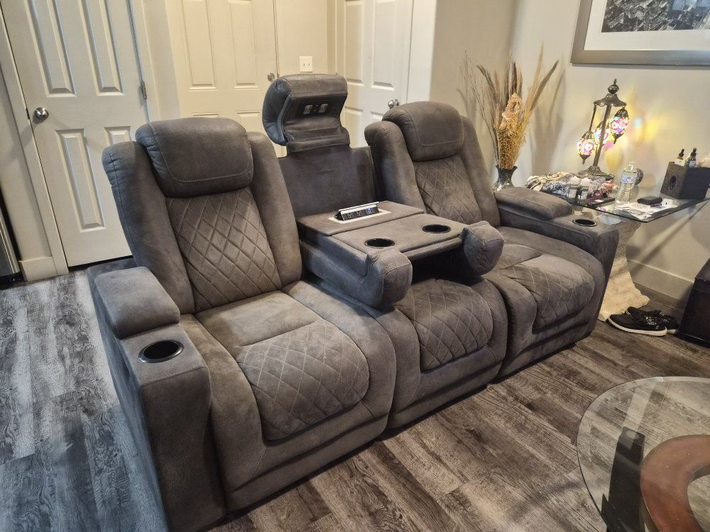 Gray Reclining Sofa with Drop-Down Table, Cupholders, and USB Charging Ports