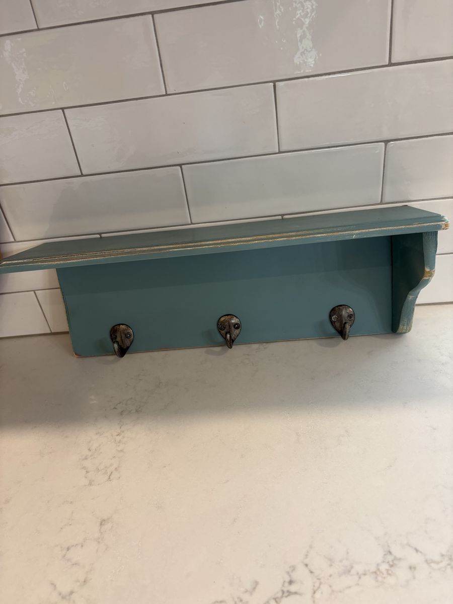 Shabby Chic Teal Wooden Wall Shelf with 3 Bird Head Hooks - Rustic Entryway Decor
