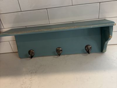Shabby Chic Teal Wooden Wall Shelf with 3 Bird Head Hooks - Rustic Entryway Decor