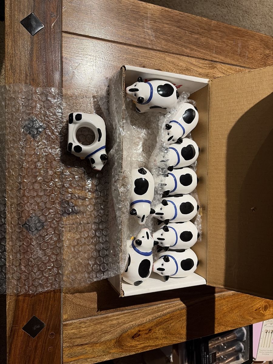 New Ceramic Cow Napkin Rings (Set of 10 )White, Black & Blue Farm Animal Decor