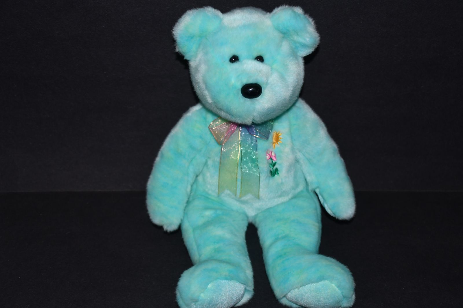 VINTAGE 2001 TY "TEDDY BEAR" STUFFED ANIMAL ~BEANIE BUDDIES ~ AQUA ~ SPRING ~ LENGTH 14" ~ SO SOFT ~ CUTE & CLEAN!