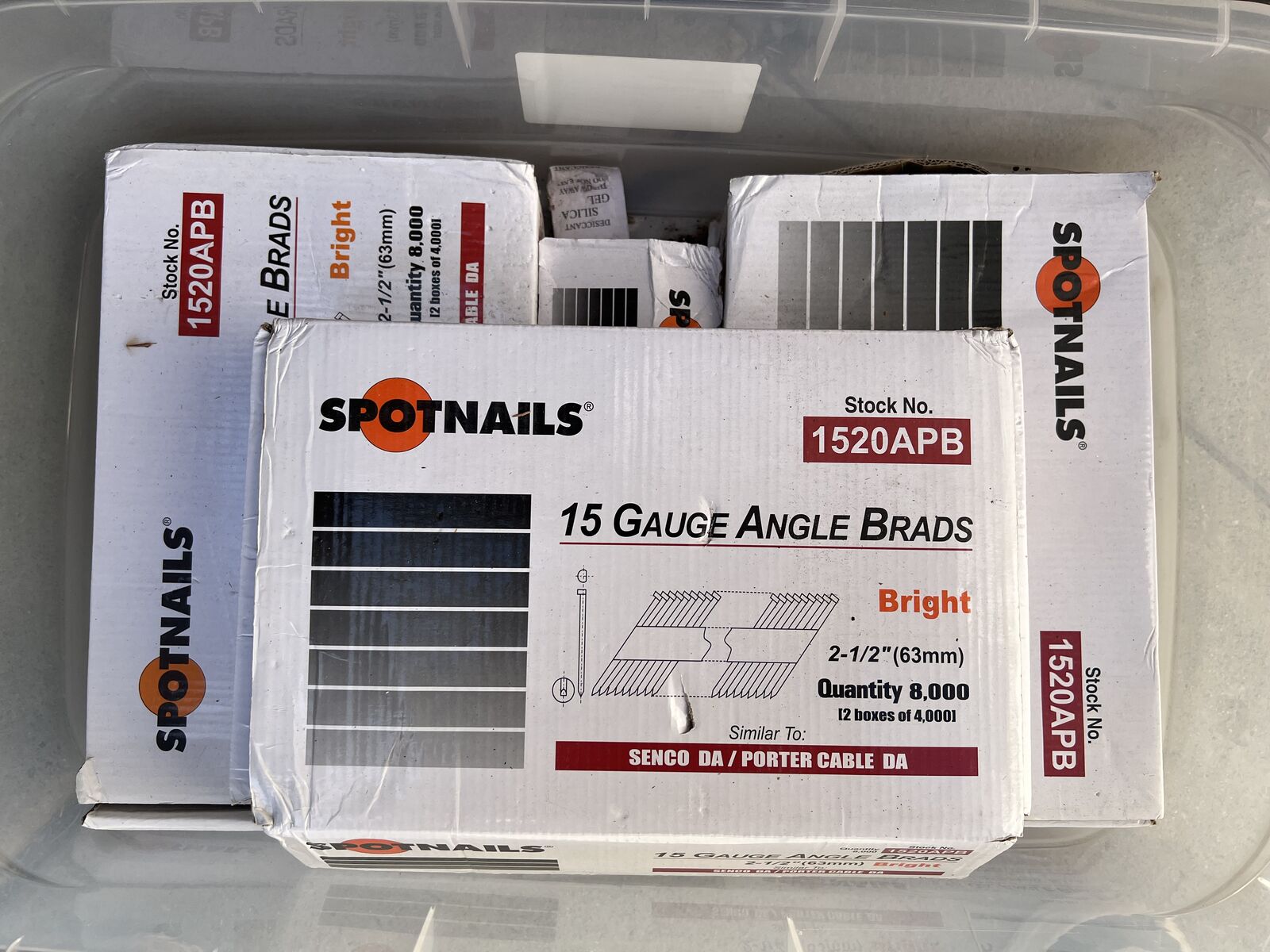 Spotnail 15 gauge angled brads. Bright finish, 26,000 brads