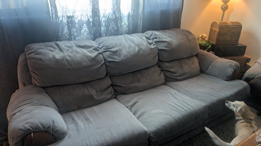 Comfortable Gray Fabric Couch/Sofa with Wooden Accents - Used, Good Condition