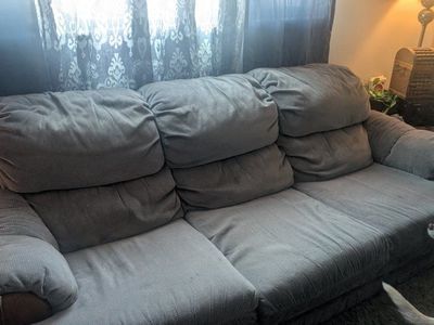 Comfortable Gray Fabric Couch/Sofa with Wooden Accents - Used, Good Condition