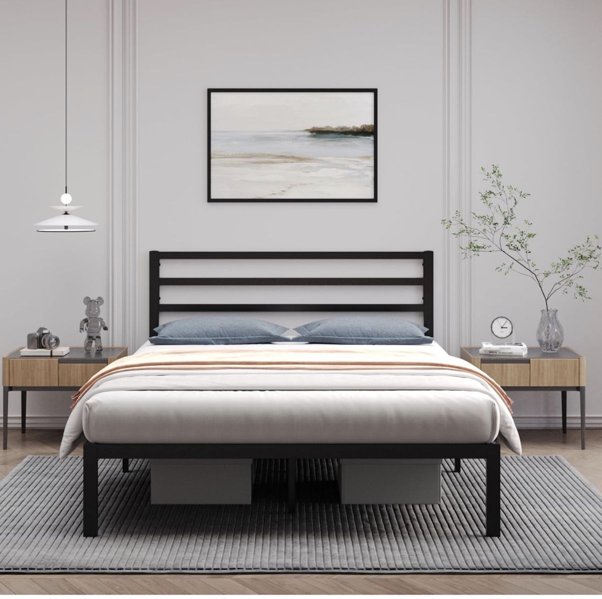 Black Metal Platform Bed Frame with Headboard - Queen Size