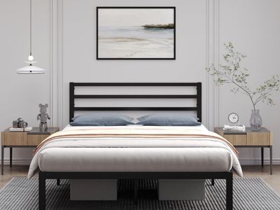 Black Metal Platform Bed Frame with Headboard - Queen Size