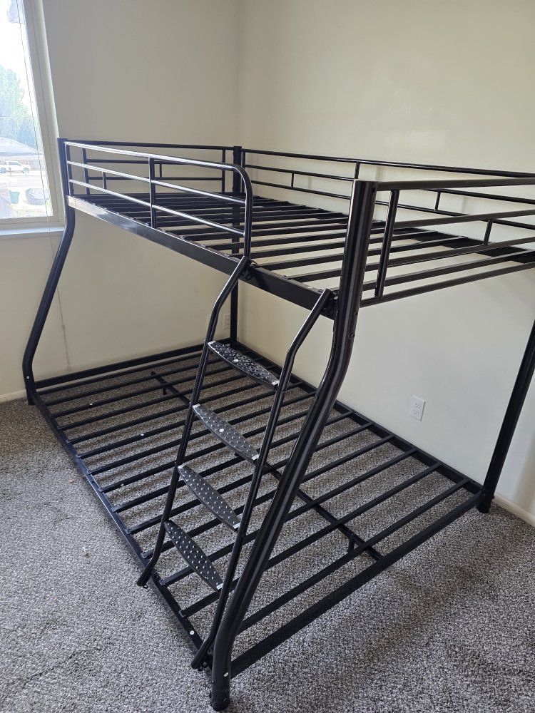 Metal Bunk Bed Frame Twin over Full, Black, Built-in Ladder, Sturdy Steel Construction