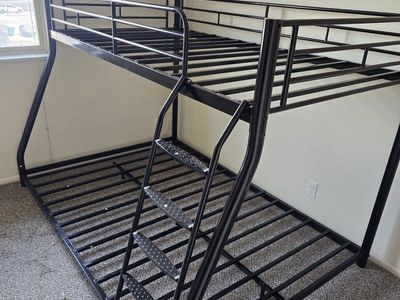 Metal Bunk Bed Frame Twin over Full, Black, Built-in Ladder, Sturdy Steel Construction