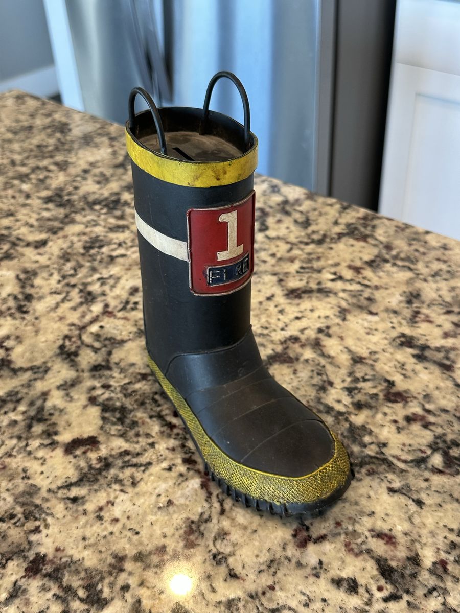 Rustic Firefighter's Boot Piggy Bank Vintage Design Collectable Display 8" Tall