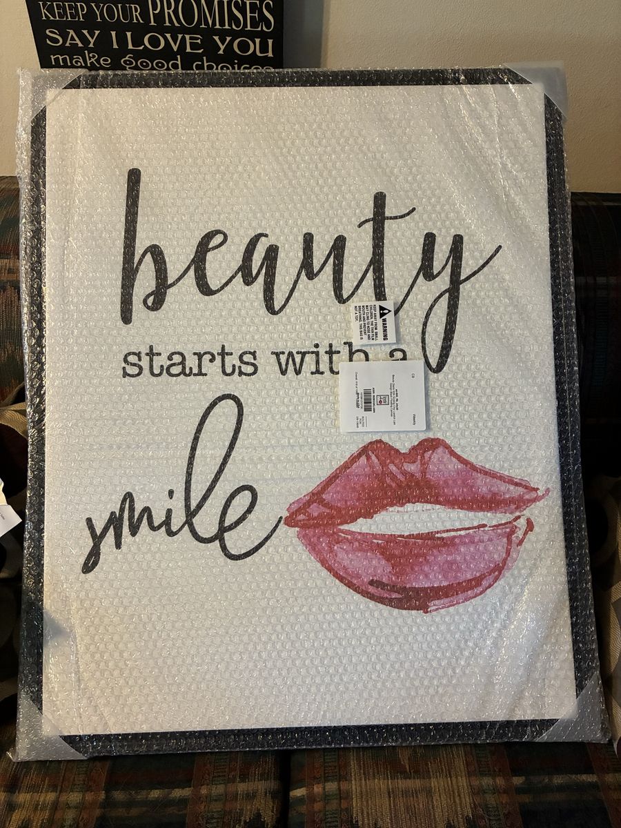 New, Beauty Starts With a Smile 24x30 Black Floating Canvas Wall Art with Red Lipstick Lips
