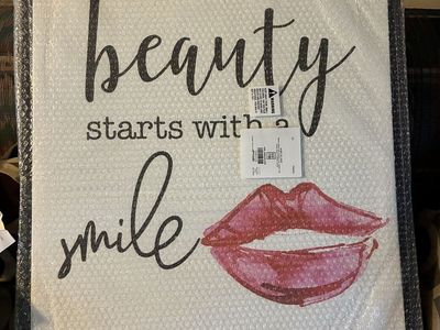 New, Beauty Starts With a Smile 24x30 Black Floating Canvas Wall Art with Red Lipstick Lips