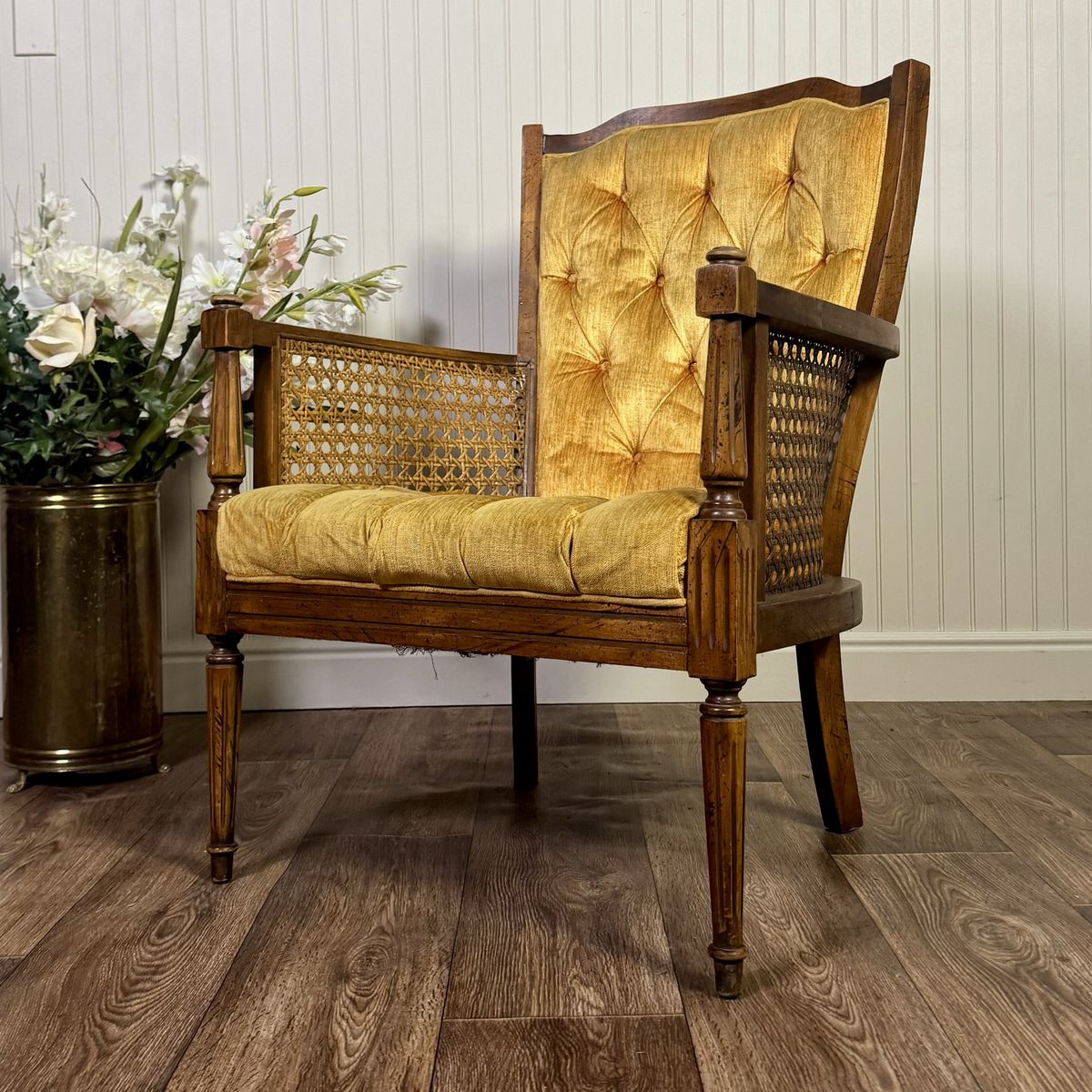Vintage Directoire-Style Caned & Tufted Gold Velvet Armchair