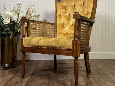 Vintage Directoire-Style Caned & Tufted Gold Velvet Armchair