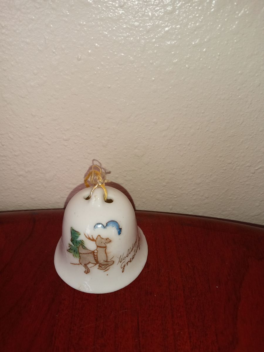 Vintage Ceramic Christmas Bell Ornament - Reindeer Holiday Greetings Made in Japan