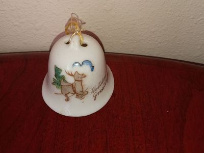 Vintage Ceramic Christmas Bell Ornament - Reindeer Holiday Greetings Made in Japan