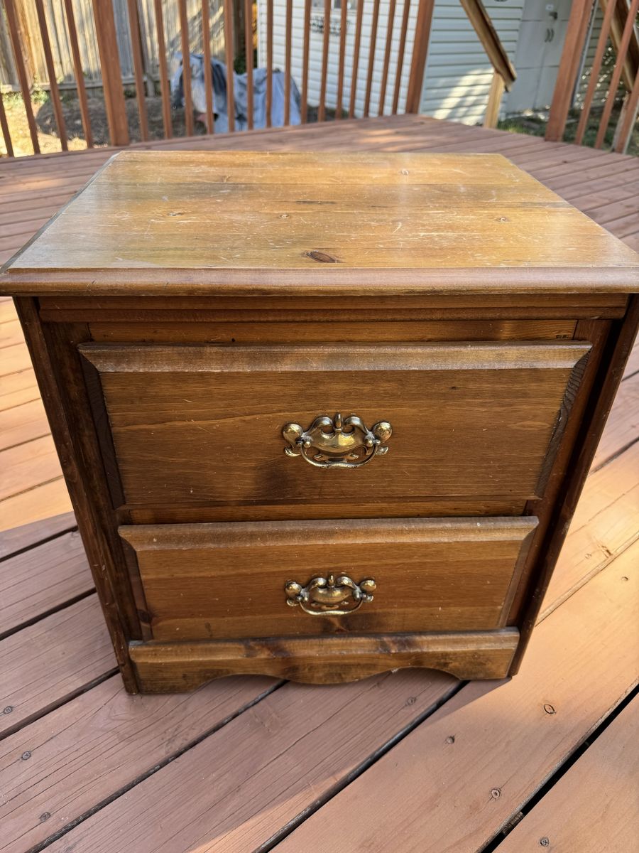 Vintage Wood 2-Drawer Nightstand / End Table with Brass Hardware - Rustic Charm