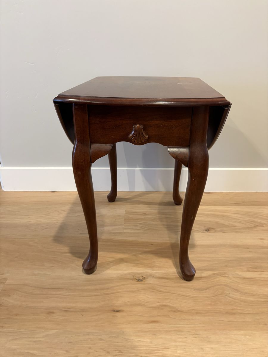 Vintage Dark Wood Drop Leaf Accent Side Table with Drawer - Elegant Cabriole Legs