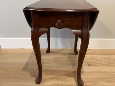 Vintage Dark Wood Drop Leaf Accent Side Table with Drawer - Elegant Cabriole Legs