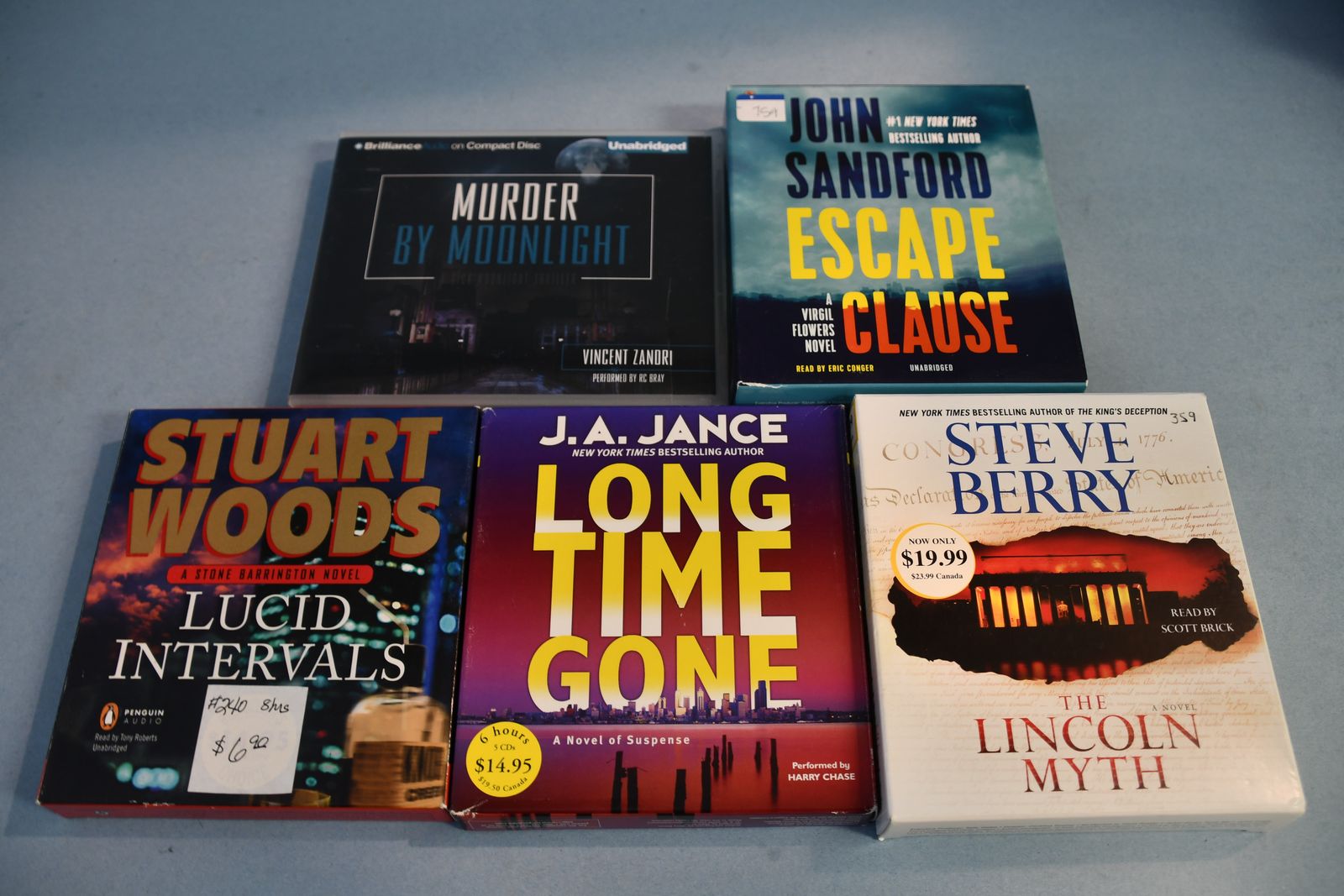 5 AUDIOBOOKS on CD's ~ MYSTERY, SUSPENSE, THRILLERS ~ STUART WOODS, JOHN SANFORD, STEVE BERRY....~ ALL FOR $5