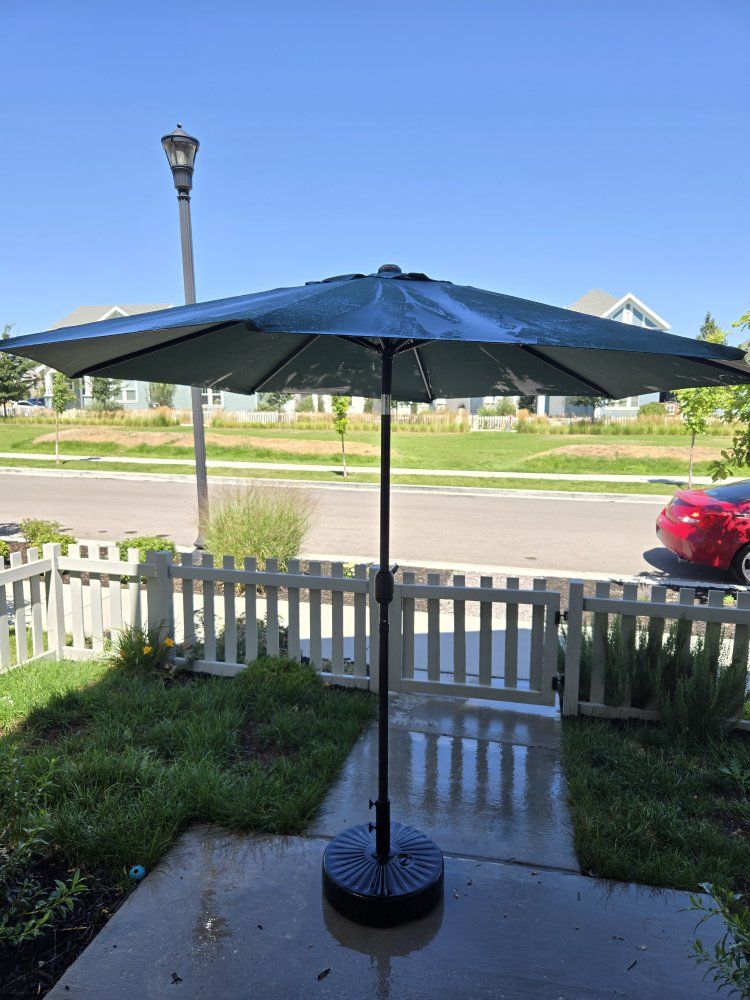 Used Patio Umbrella - Dark Green, Crank Open/Close Mechanism, Weather Resistant, Large Outdoor Shade
