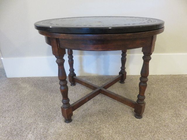 ANTIQUE (1930's) ORIENTAL-THEMED TABLE WITH HEAVY MARBLE HAND ENGRAVED REMOVABLE TABLE TOP AND WALNUT TABLE
