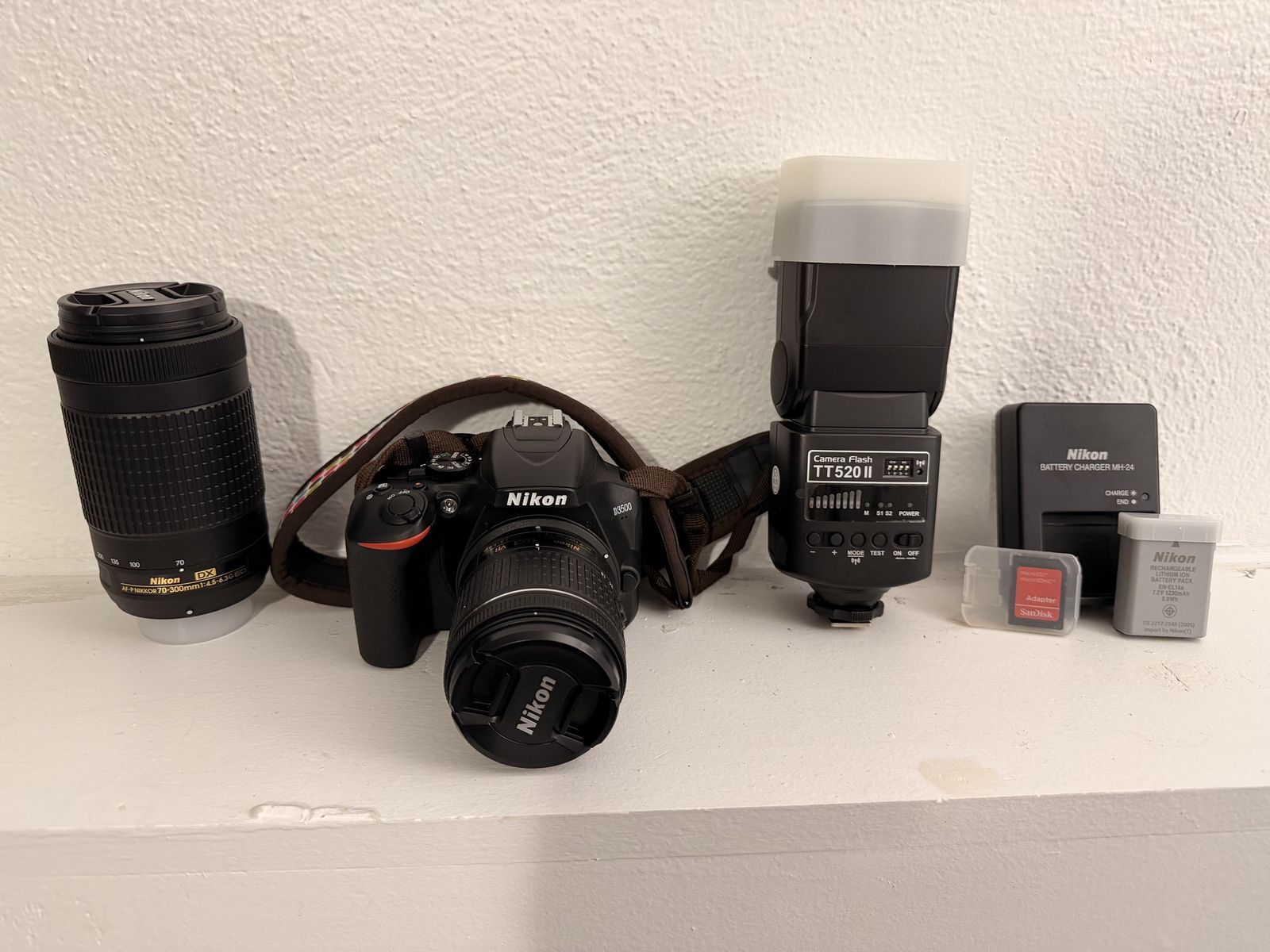 Nikon D3500 DSLR Camera Bundle with 2 Lenses, Godox Flash, Charger, and SD Card- Excellent Condition