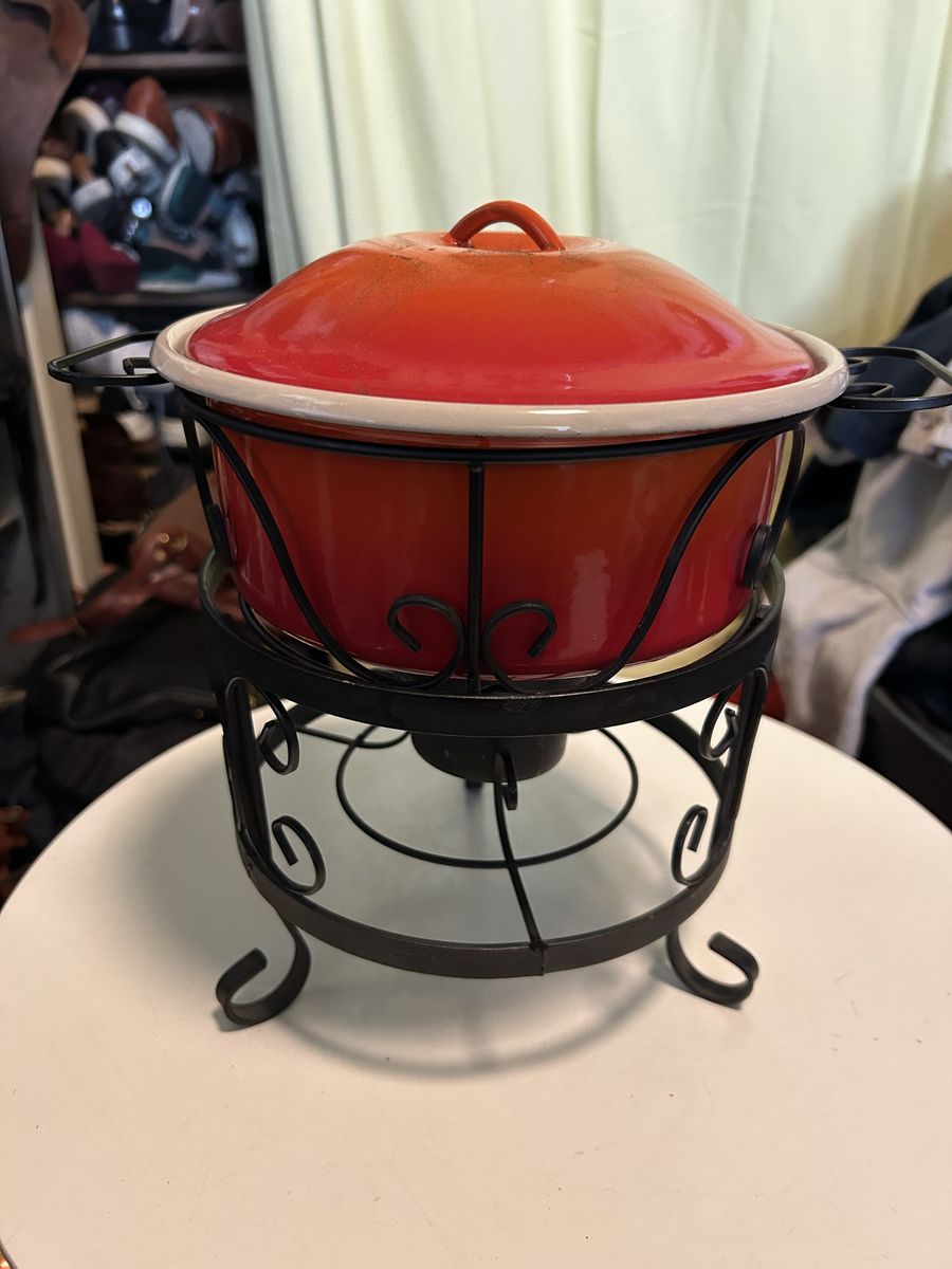 Mid Century Modern Globe-ware Red Orange Foundue Chafing Dish with stand