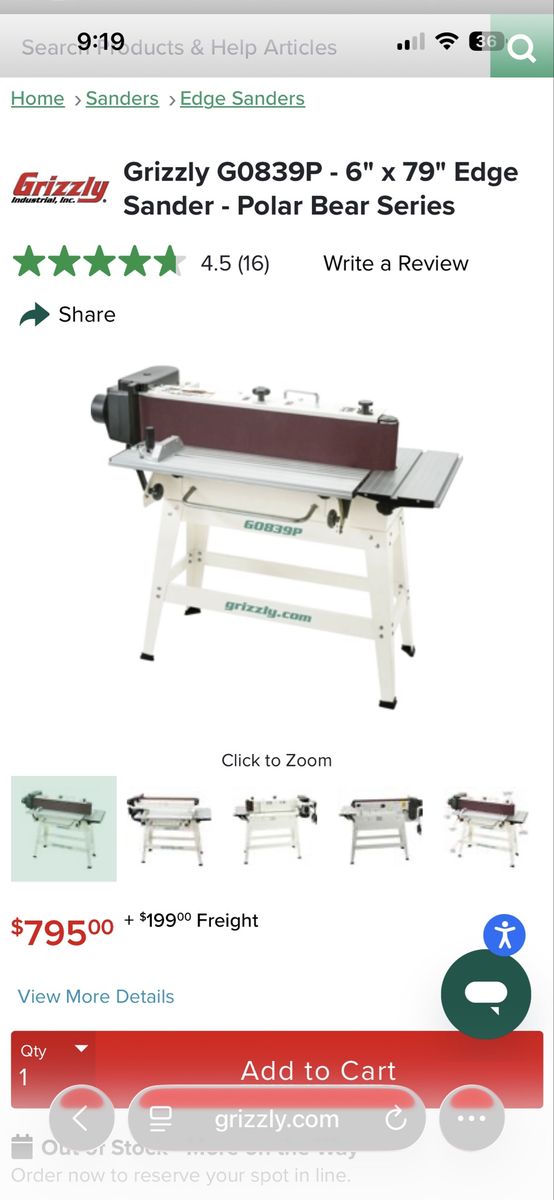 Grizzly G0839P Polar Bear Series 6" x 79" Edge Sander