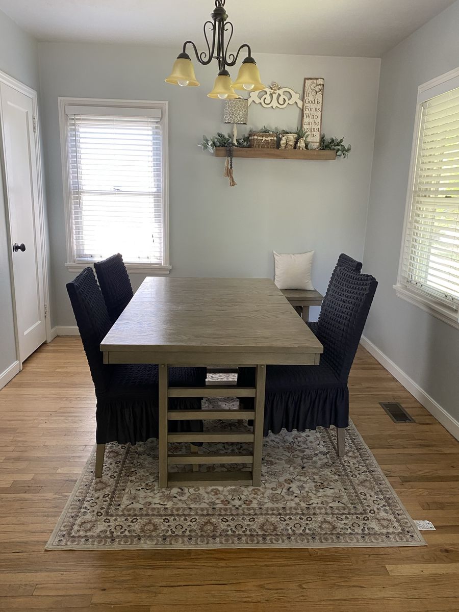 Free dining table with leaf, bench, and four chairs
