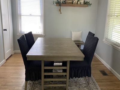 Free dining table with leaf, bench, and four chairs