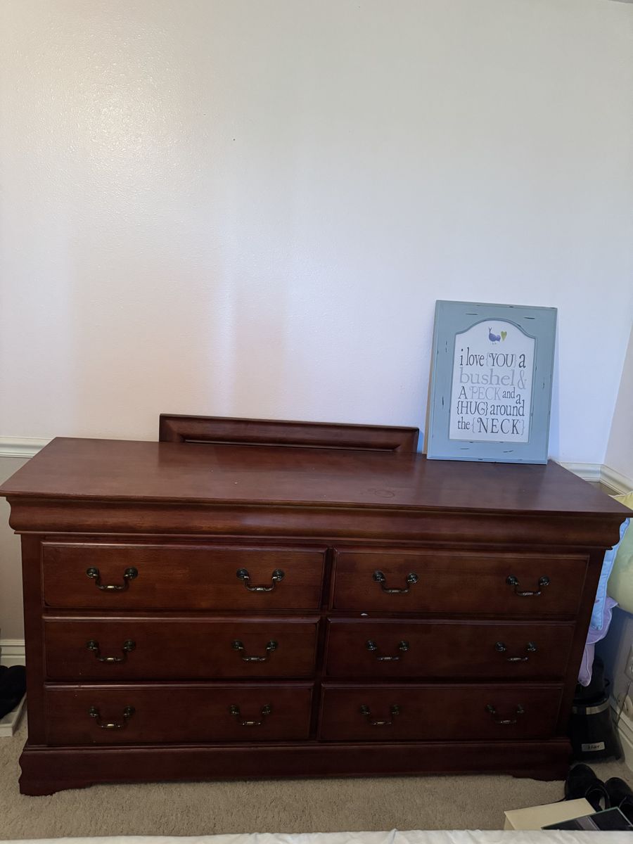 Solid wood chest of drawers, mirror, and nightstand