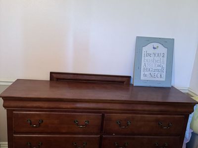 Solid wood chest of drawers, mirror, and nightstand