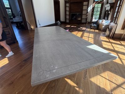 Bernhard Wood table 88-128”. Leaves are 20” each. 48” wide and 31” high.