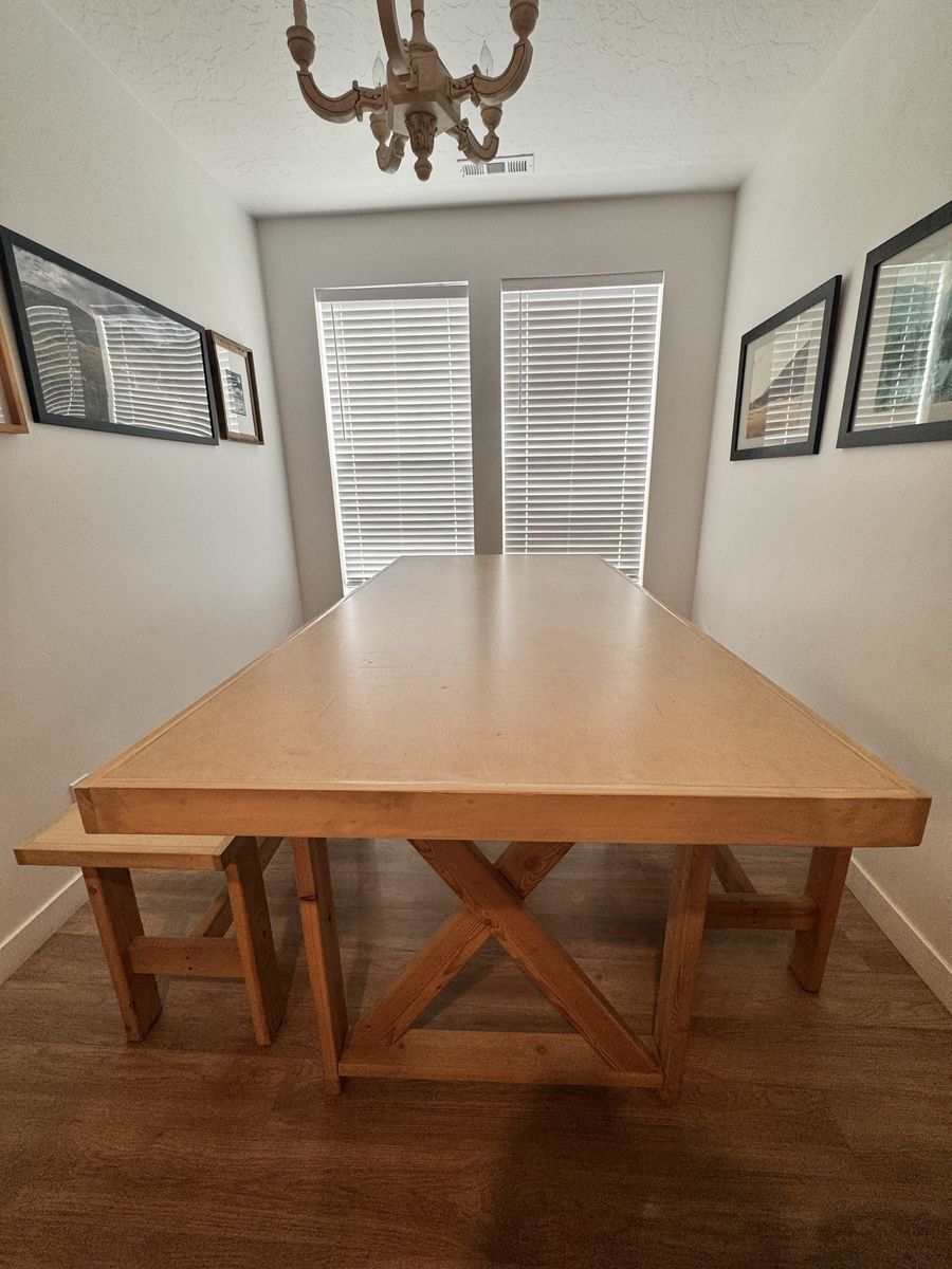 Custom Locally-Made Trestle Counter Height Table & Benches (3-Piece Set)