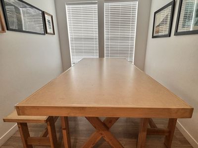 Custom Locally-Made Trestle Counter Height Table & Benches (3-Piece Set)