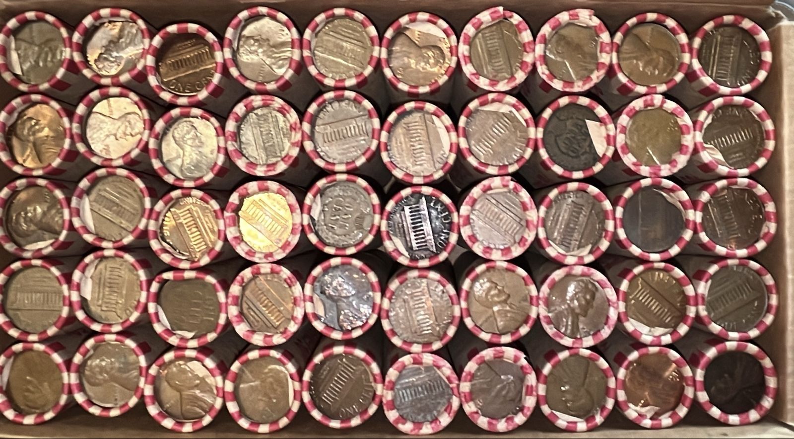 Box of Rolled US Lincoln Cents - Penny Coin Rolls