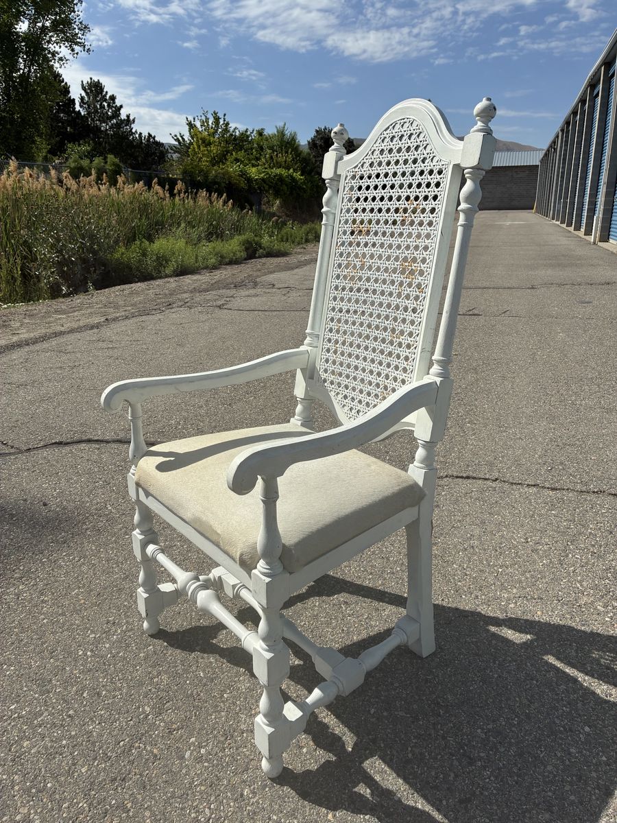 White Wood Cane Back Dining Armchair with Upholstered Seat - Vintage Style