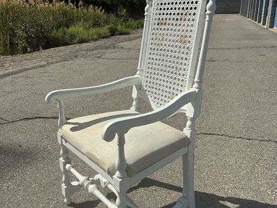 White Wood Cane Back Dining Armchair with Upholstered Seat - Vintage Style