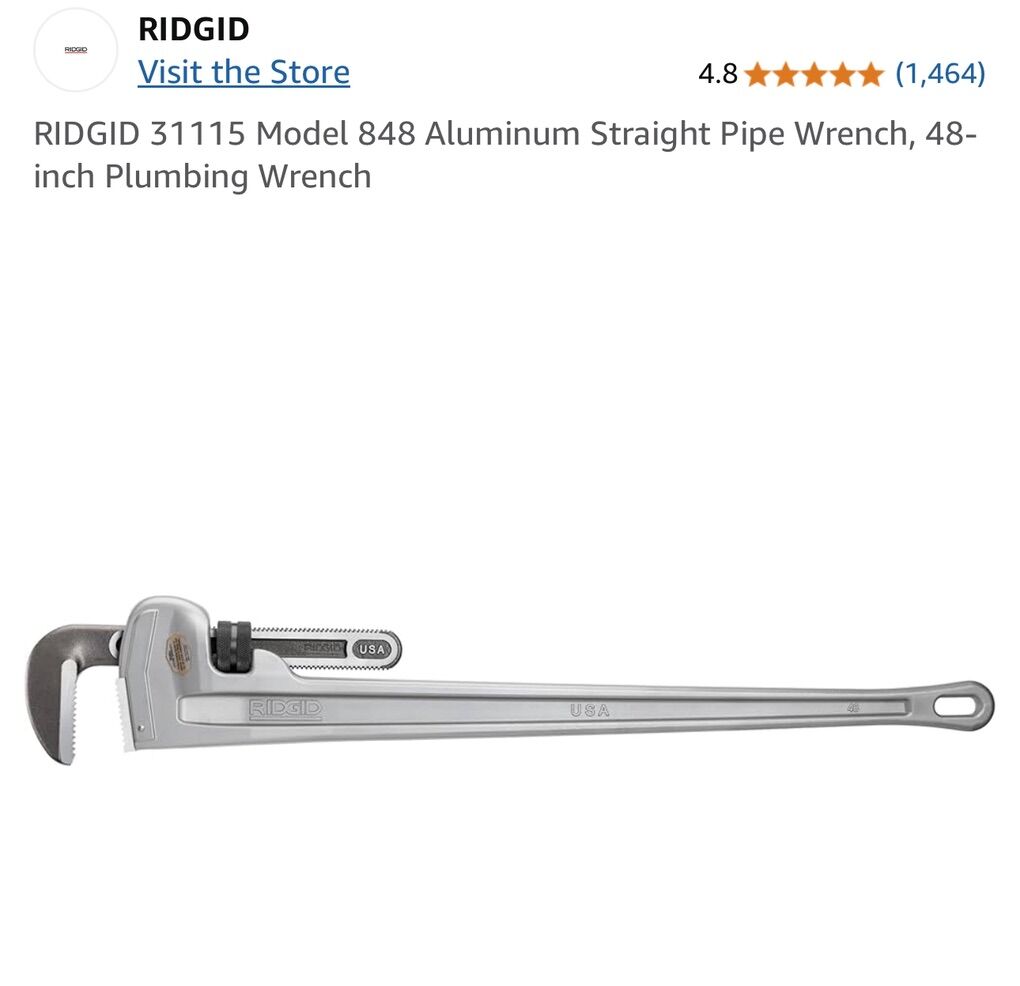 $100 LESS THAN AMAZON! BRAND NEW 48" Long RIDGID 31115 Aluminum Pipe Wrench