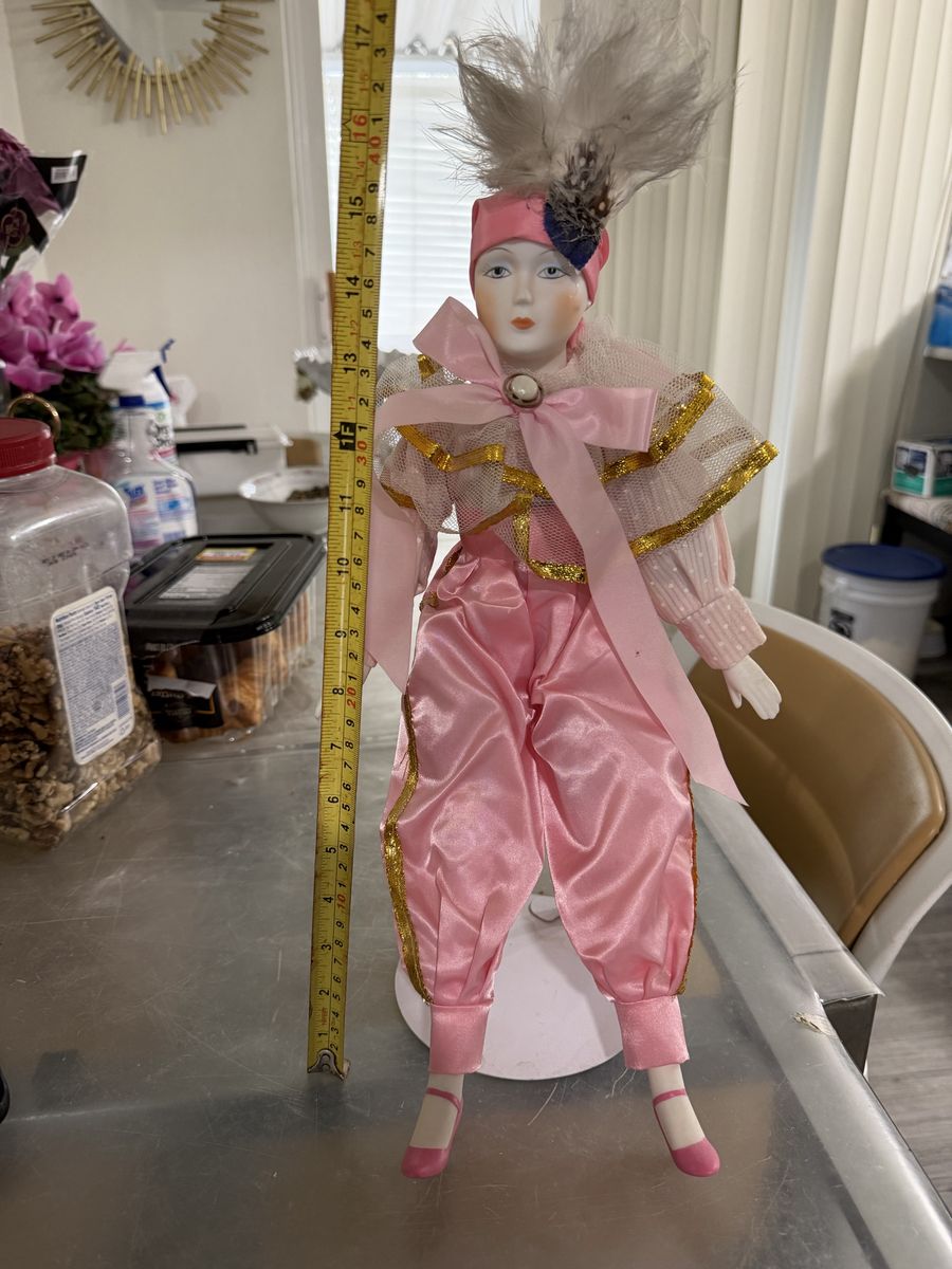 Vintage Porcelain Pierrot Clown Doll 16 Inch Pink Outfit Feather Hat