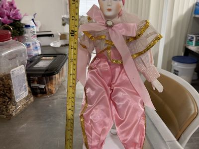 Vintage Porcelain Pierrot Clown Doll 16 Inch Pink Outfit Feather Hat