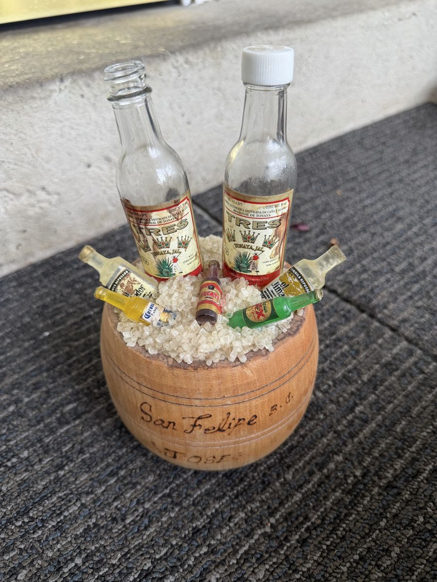 Handcrafted Wooden Barrel Decor with Miniature Bottles Souvenir from San Felipe