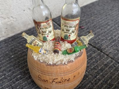 Handcrafted Wooden Barrel Decor with Miniature Bottles Souvenir from San Felipe