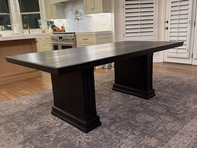 Large Dark Oak Wood Dining Table with Pedestal Base