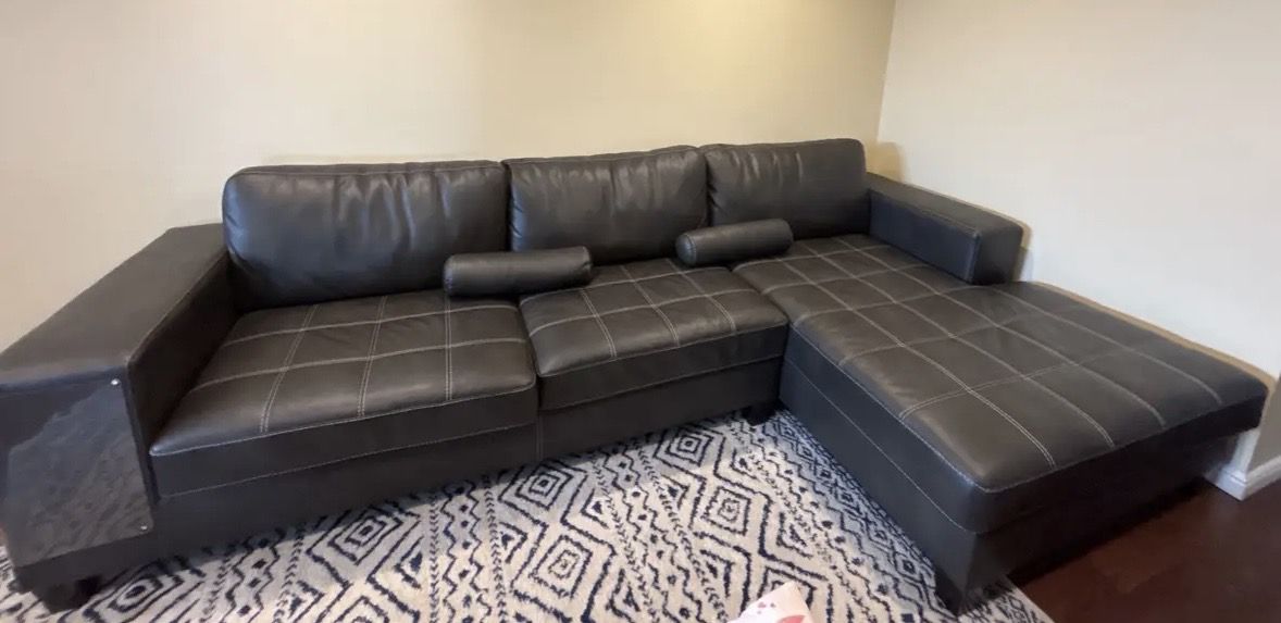 Black Faux Leather Sectional Sofa with Chaise and Bolster Pillows