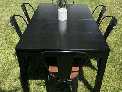 Black Wooden Dining Table with 6 Metal Industrial Style Chairs