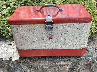 Vintage Metal Cooler Red & White Speckled Coleman Style Camping Picnic Box, made by American Thermos in the 1940’s.